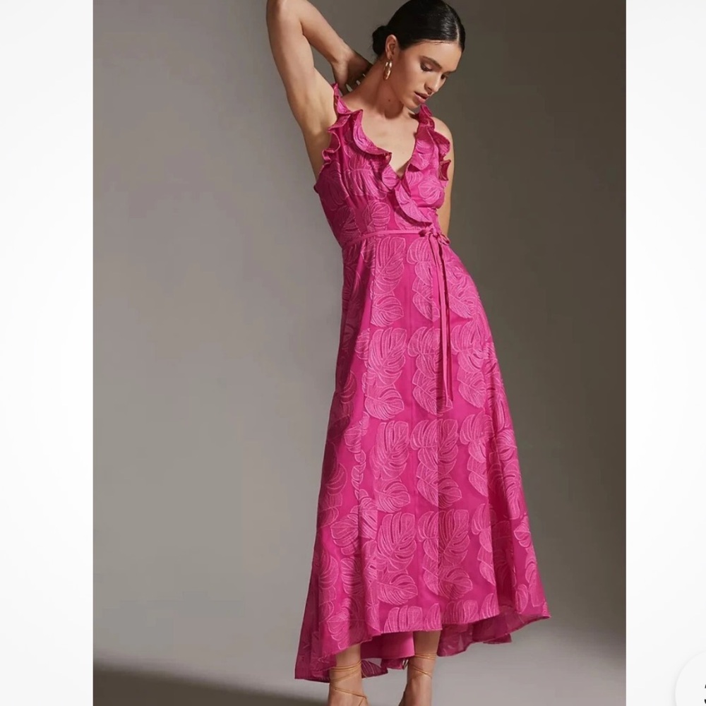 Anthropologie Hutch Ruffled V-Neck Leaf Wrap Maxi Dress Womens Medium Petite NEW